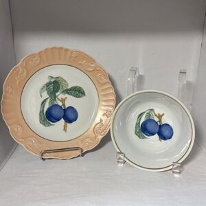 Mottahedeh Dessert Plate And Bowl Set Plum Design Summer Fruit Collection